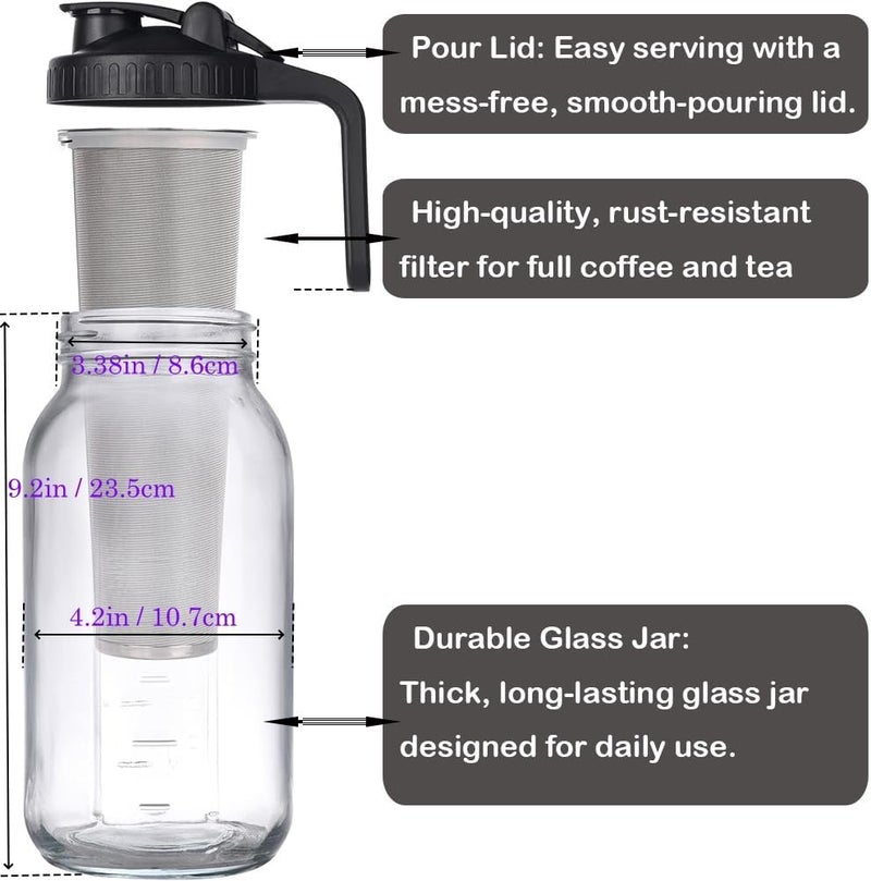 HomeCheer 64 oz (2 Quart), Black Cold Brew Coffee Maker, Iced Tea Machines, Thick Glass with Pour Spout Handle Lid, Stainless Steel Filter for Iced Coffee, Fruit Drinks or Sun Tea (1) - Image 2